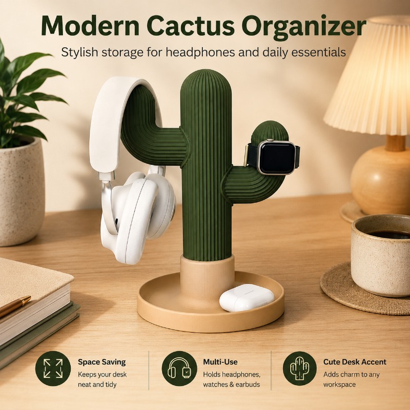 Headphone Stand Desk - Minimalistischer Kaktus-Kopfhörerständer Multifunktionaler Desktop-Organizer für Kopfhörer,